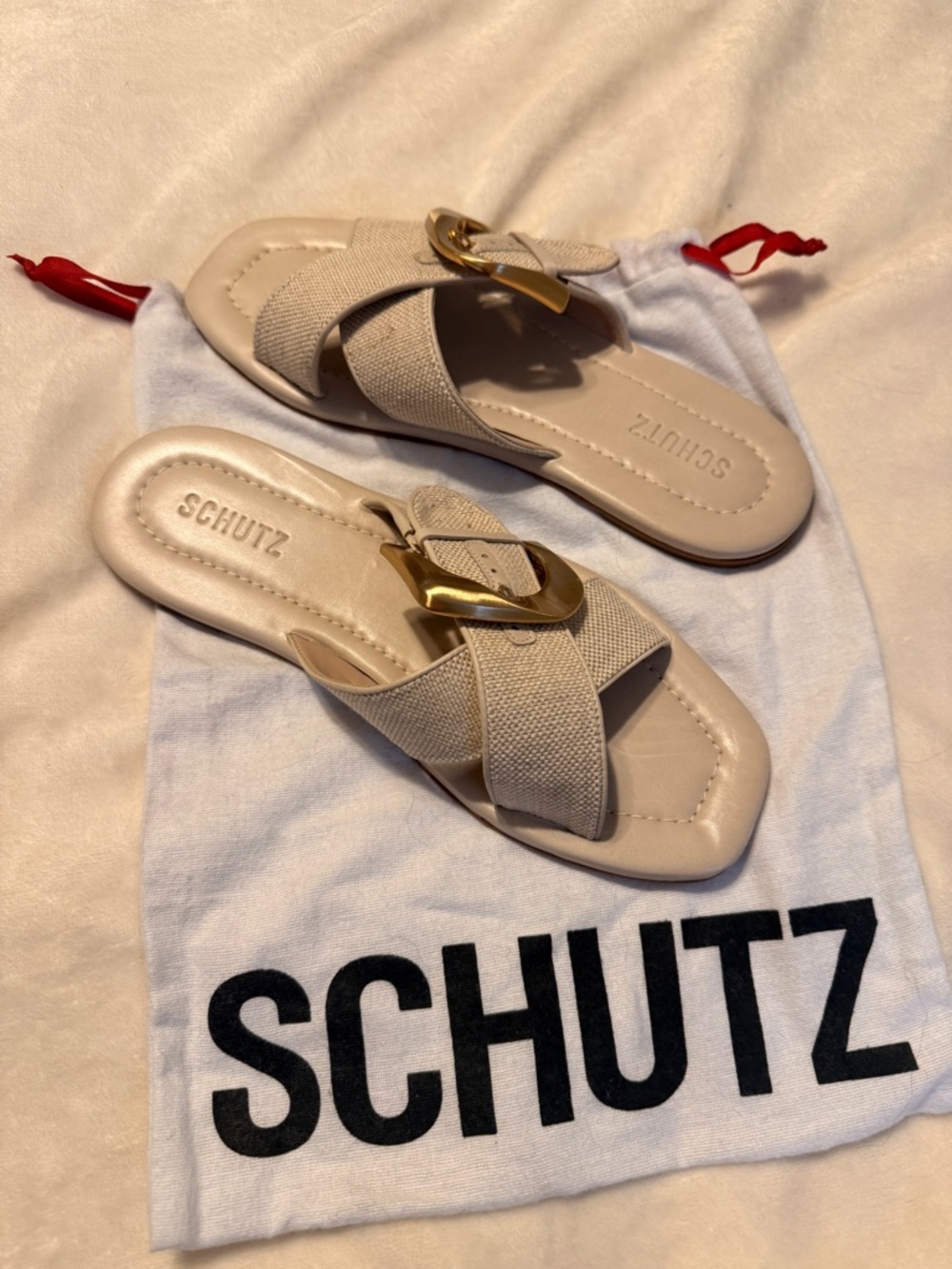 SCHUTZ Lois Beige Linen Flat Sandal with Gold Buckle - Picture 3 of 7